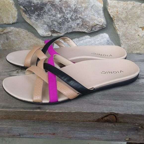 VIONIC Dava Leather Slide Comfort Sandals Size 11 M Strappy Slip On Neutrals - Picture 10 of 12